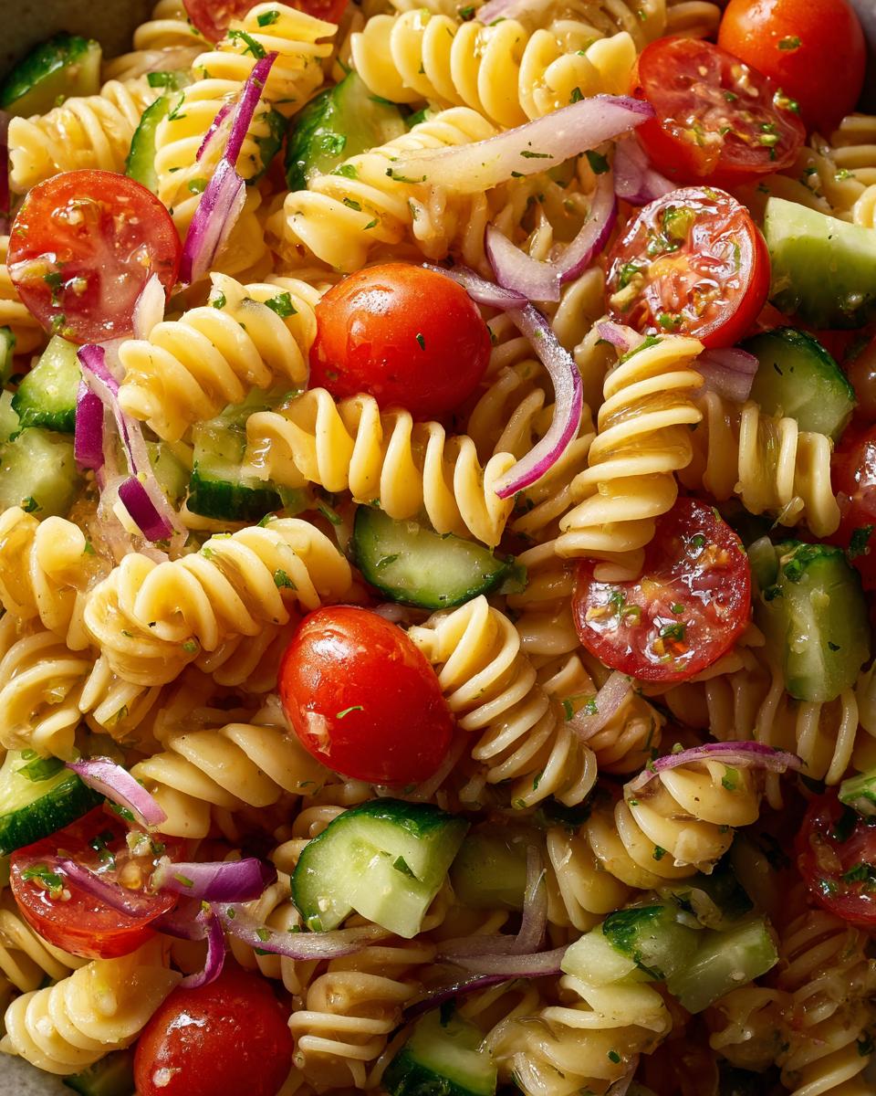 Close-up of a quick simple pasta salad with tomatoes, cucumbers, and red onion.