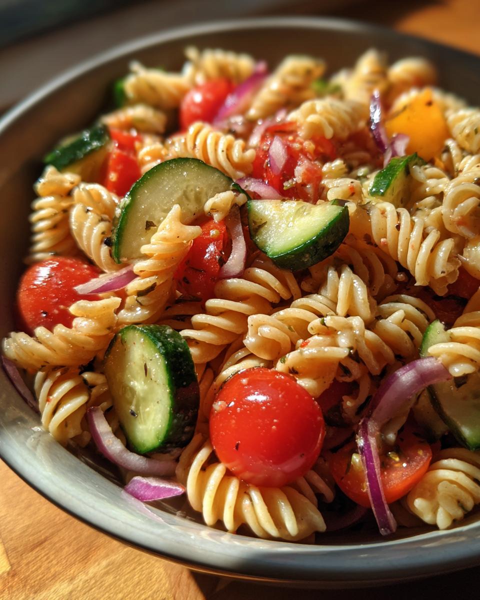 Close-up of a quick simple pasta salad with tomatoes, cucumber, red onion, and herbs.