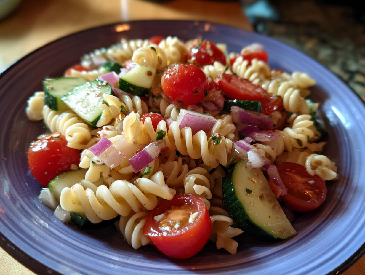 Close-up of a vibrant quick simple pasta salad with tomatoes, cucumbers, and red onion.
