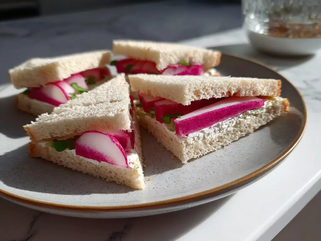 Close-up of Radish & Butter Tea Sandwiches on a plate, featuring sliced radishes between soft bread.