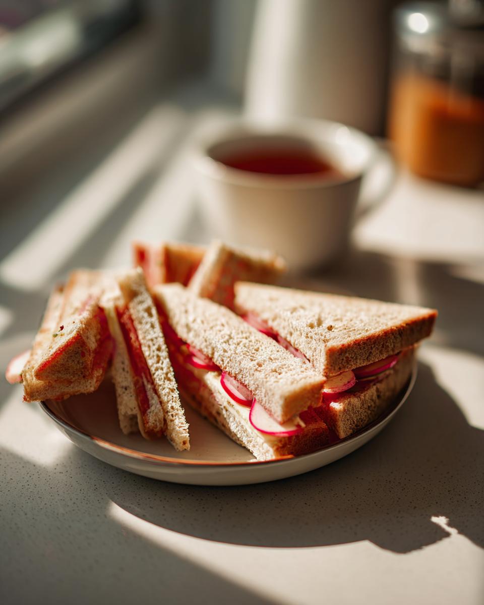 Close-up of Radish & Butter Tea Sandwiches on a plate with a cup of tea in the background.