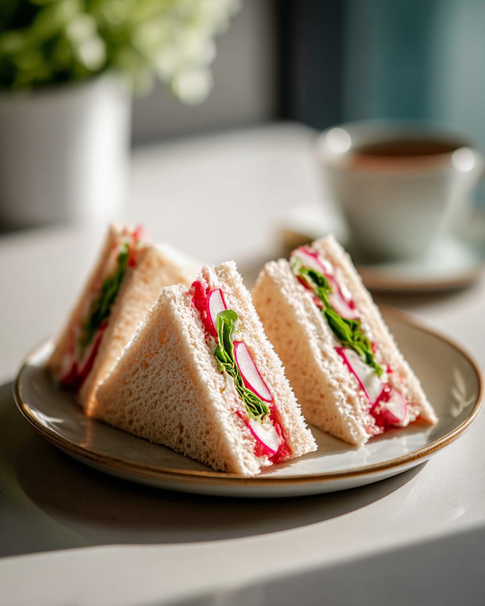 Triangular Radish & Butter Tea Sandwiches with radishes and greens on a plate, perfect for tea time.