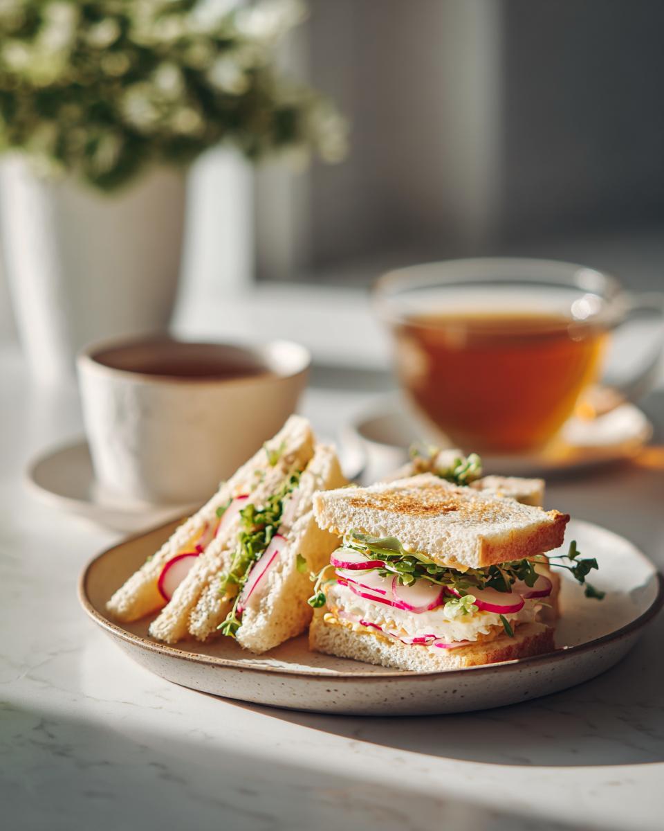 Close-up of Radish & Butter Tea Sandwiches on a plate with a cup of tea, showcasing the fresh ingredients.