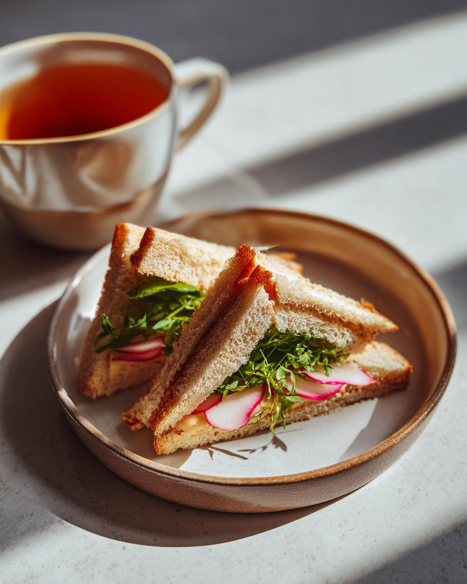 Close-up of Radish & Butter Tea Sandwiches with a cup of tea, showcasing the fresh ingredients.