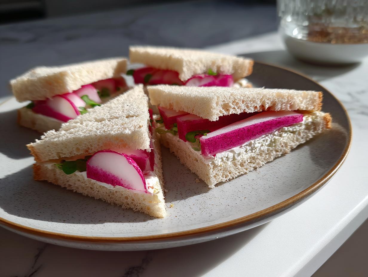 Close-up of Radish & Butter Tea Sandwiches on a plate, featuring sliced radishes between soft bread.