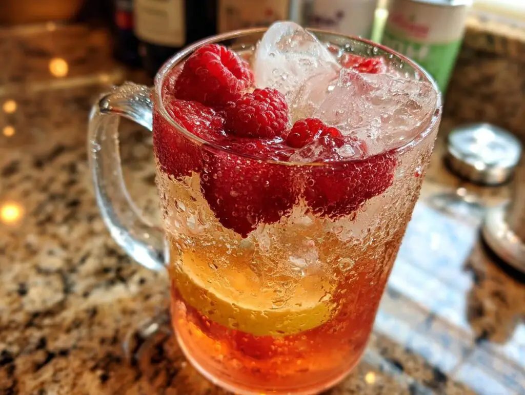 Close-up of a refreshing cocktail with raspberries, lemon, and ice, perfect for 18 Big Batch Cocktails.