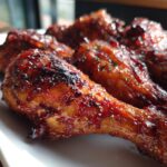 Close-up of Rhubarb Glazed Chicken Drumsticks, showing the glossy glaze and crispy skin.