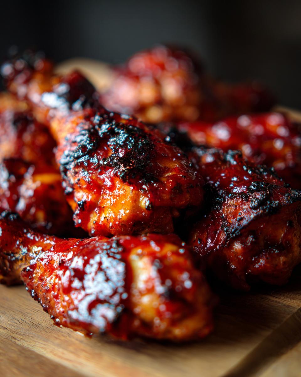 Close-up of juicy Rhubarb Glazed Chicken Drumsticks on a wooden board, showcasing the glaze.
