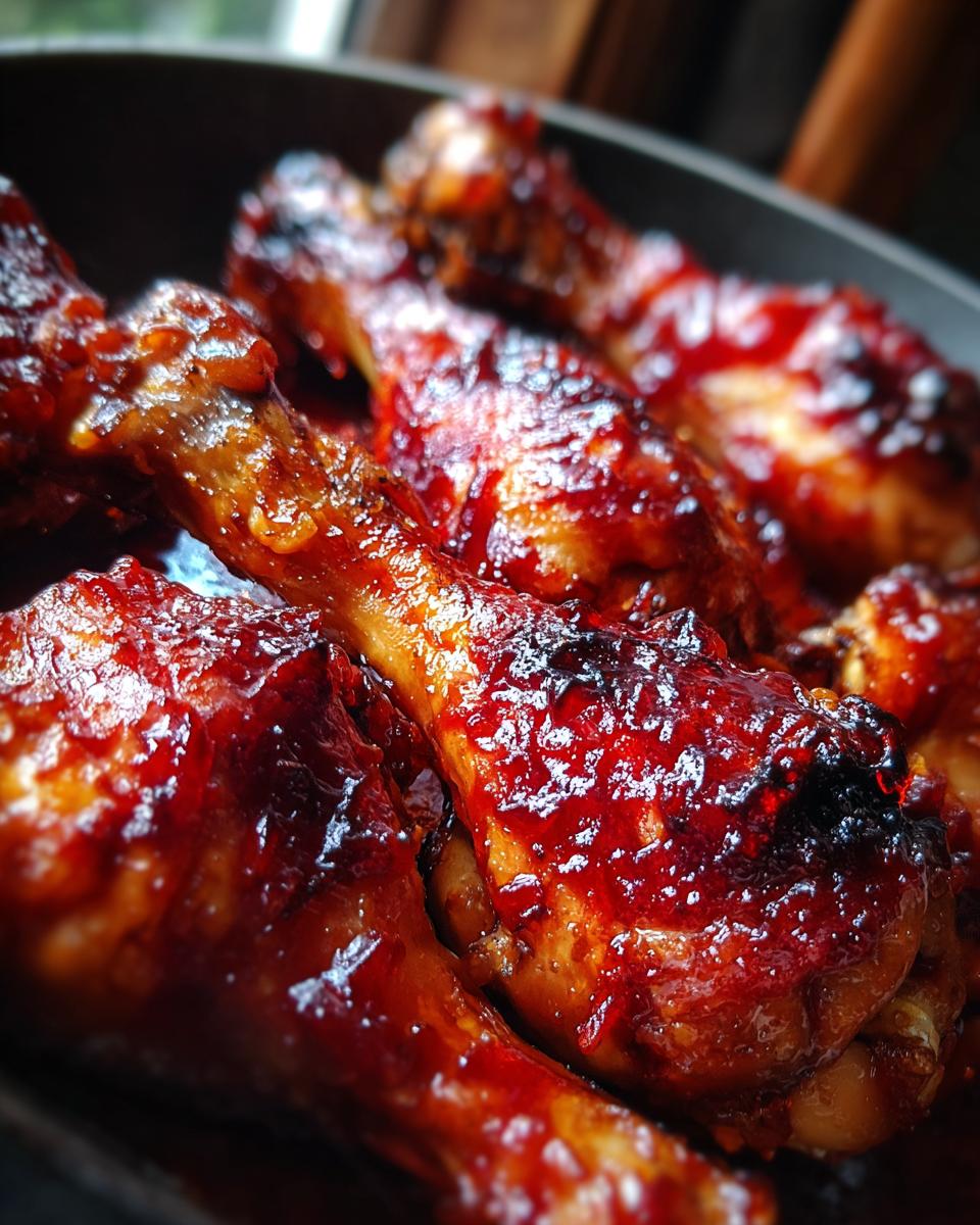 Close-up of Rhubarb Glazed Chicken Drumsticks in a pan, showing the glossy glaze.