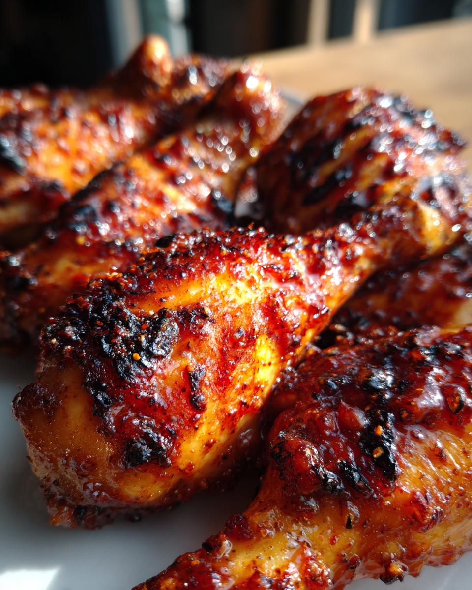 Close-up of delicious Rhubarb Glazed Chicken Drumsticks, showing the glossy glaze and crispy skin.