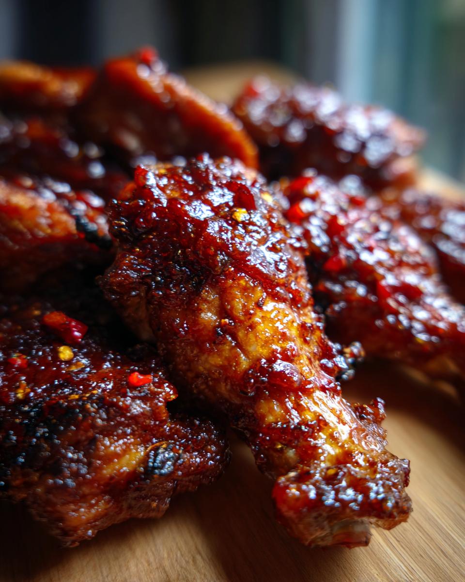 Close-up of Rhubarb Glazed Chicken Drumsticks, showing the glossy glaze and crispy skin.