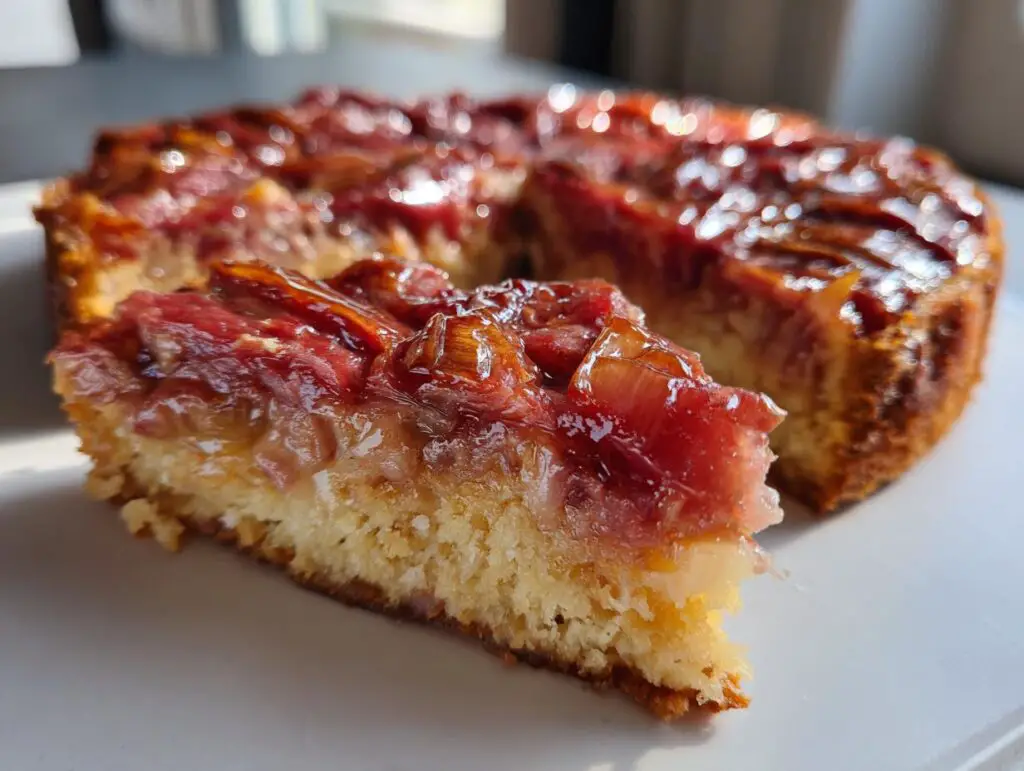 Close-up of a slice of Rhubarb Upside Down Cake, showing the rhubarb topping and cake base.
