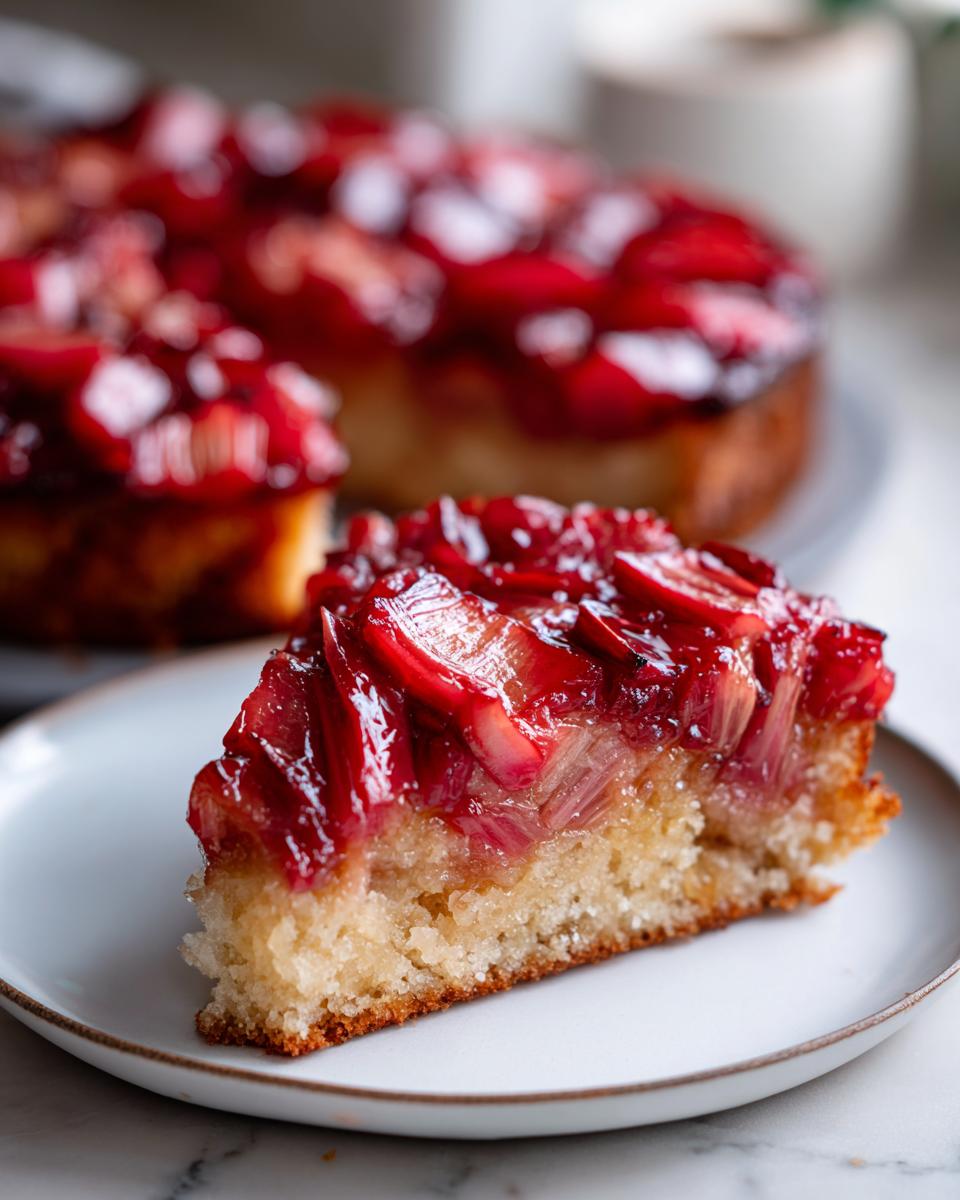 Close-up of a slice of Rhubarb Upside Down Cake on a plate, showing the rhubarb topping.