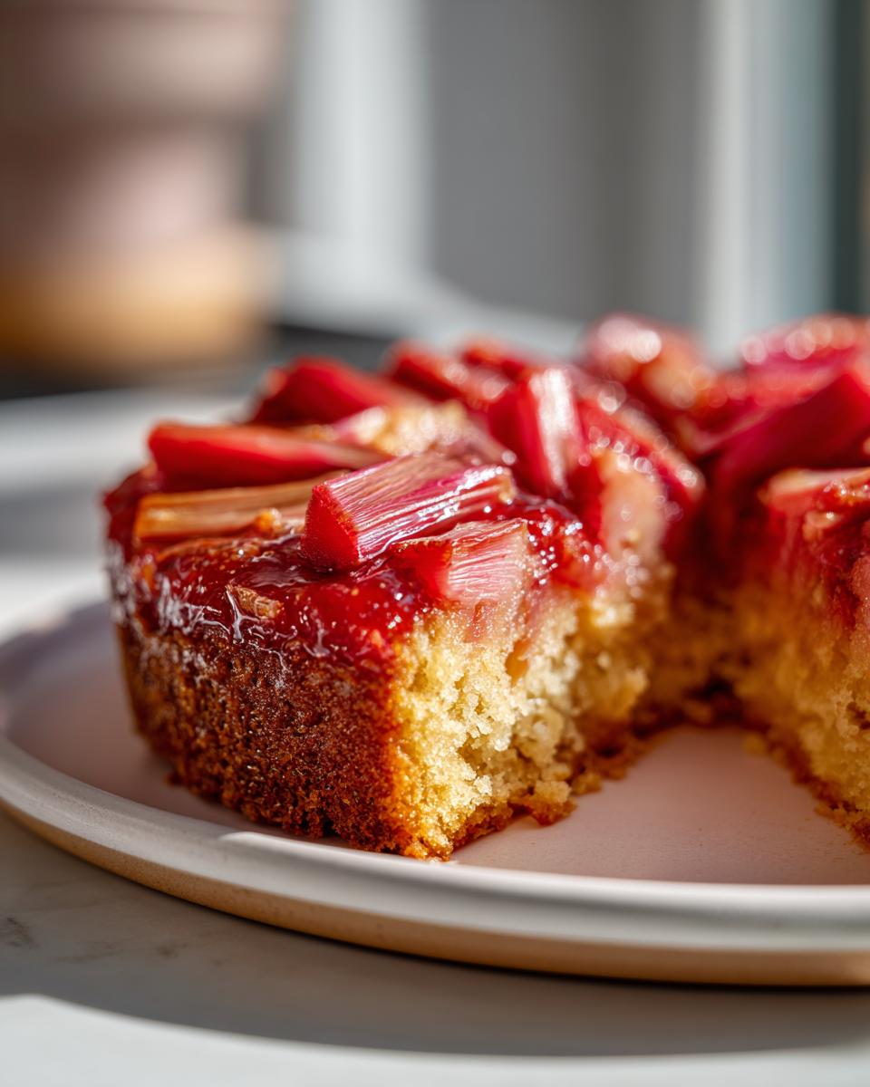 Close-up of a slice of Rhubarb Upside Down Cake on a plate, showing the rhubarb topping and cake texture.