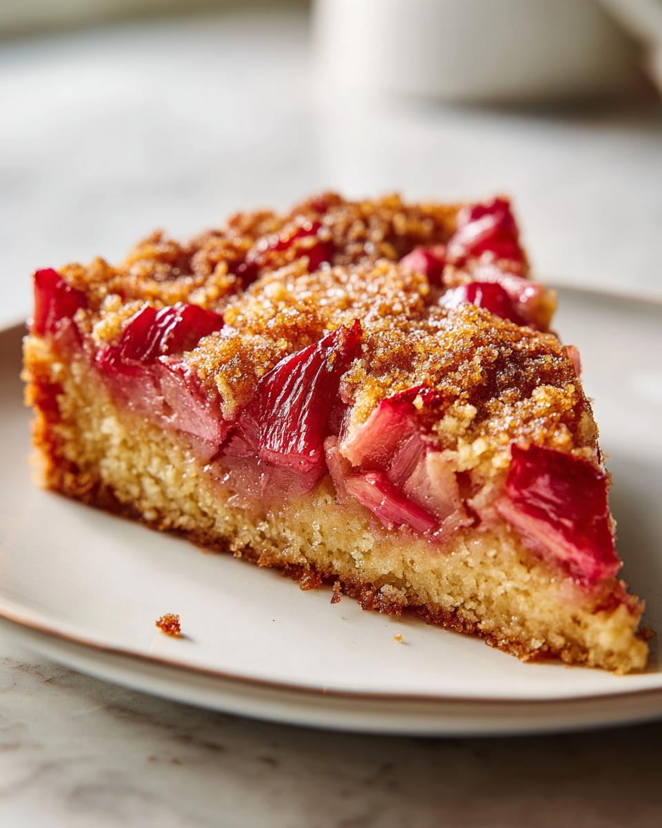 A slice of delicious Rhubarb Upside Down Cake on a plate, showing the rhubarb topping and cake base.