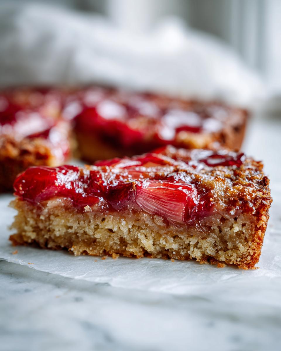 Close-up of a slice of Rhubarb Upside Down Cake with caramelized rhubarb topping.