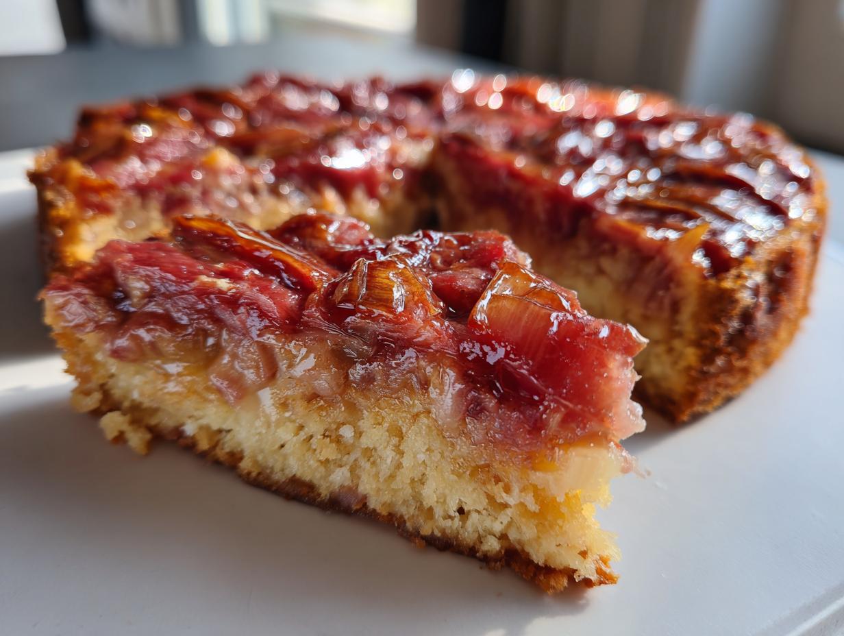 Close-up of a slice of Rhubarb Upside Down Cake, showing the rhubarb topping and cake base.