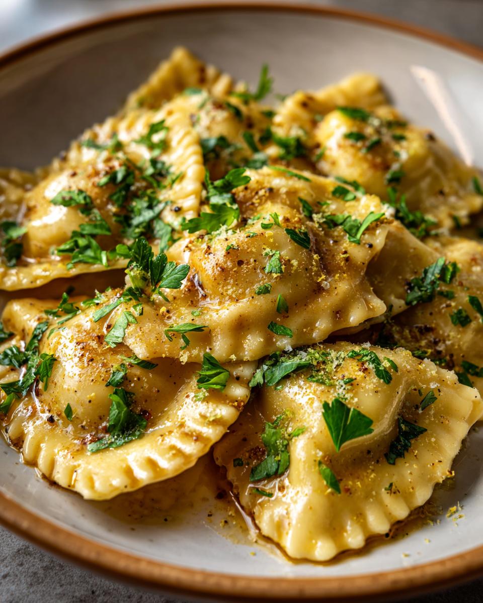 Close-up of Ricotta & Lemon Ravioli with brown butter sauce and fresh herbs.
