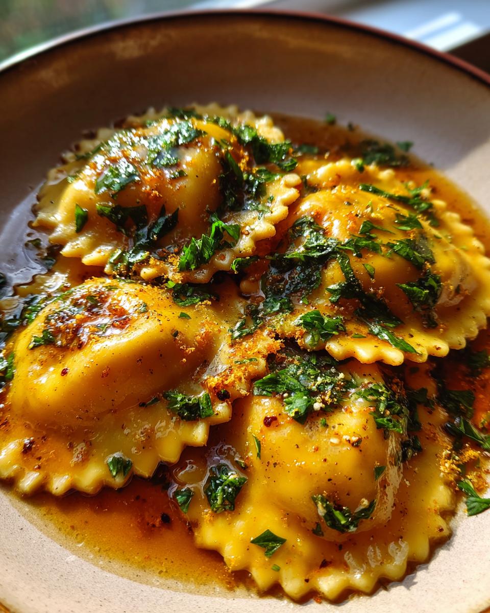 Close-up of Ricotta & Lemon Ravioli with brown butter sauce and fresh herbs.