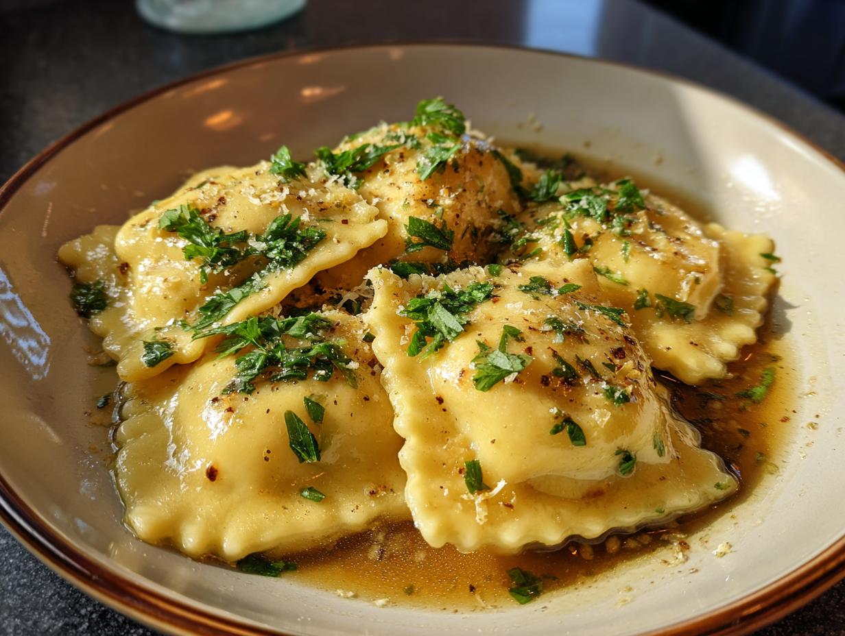 Close-up of Ricotta & Lemon Ravioli with Brown Butter, garnished with herbs and parmesan cheese.