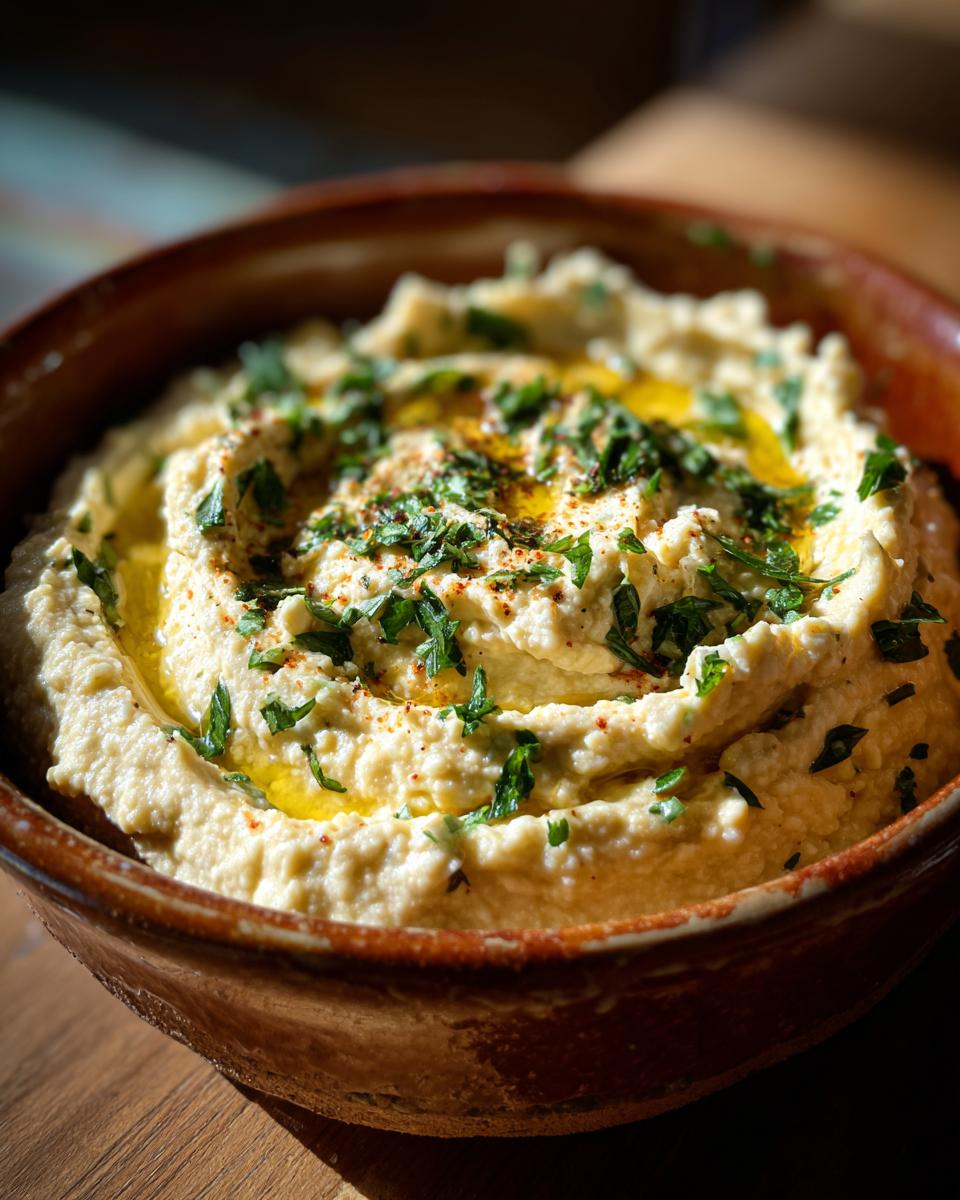 Close-up of a bowl of creamy Roasted Garlic & White Bean Dip, garnished with herbs and olive oil.