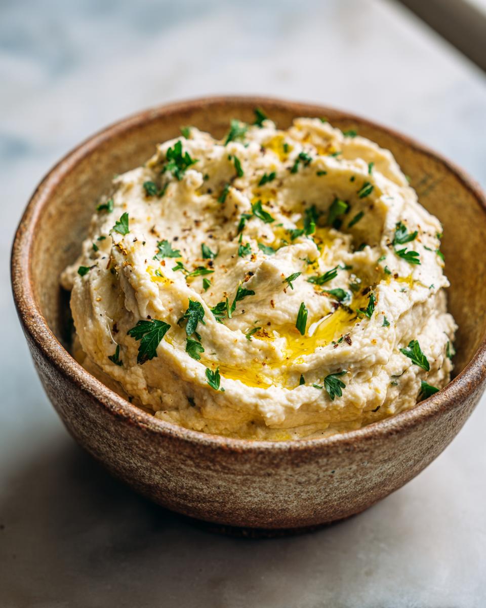Close-up of a bowl of creamy Roasted Garlic & White Bean Dip, garnished with parsley and olive oil.