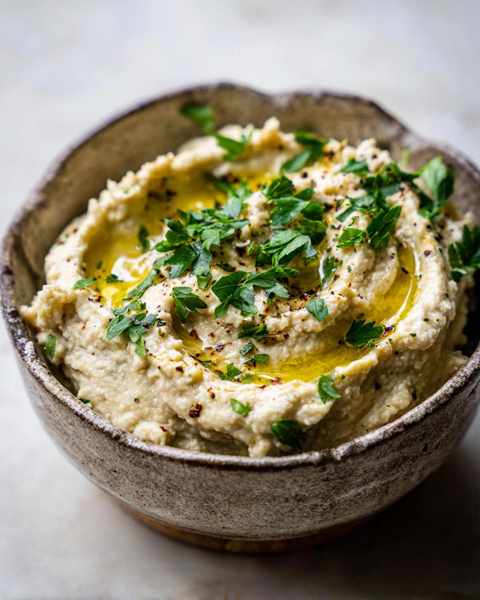 Close-up of a bowl of Roasted Garlic & White Bean Dip, garnished with parsley and olive oil.