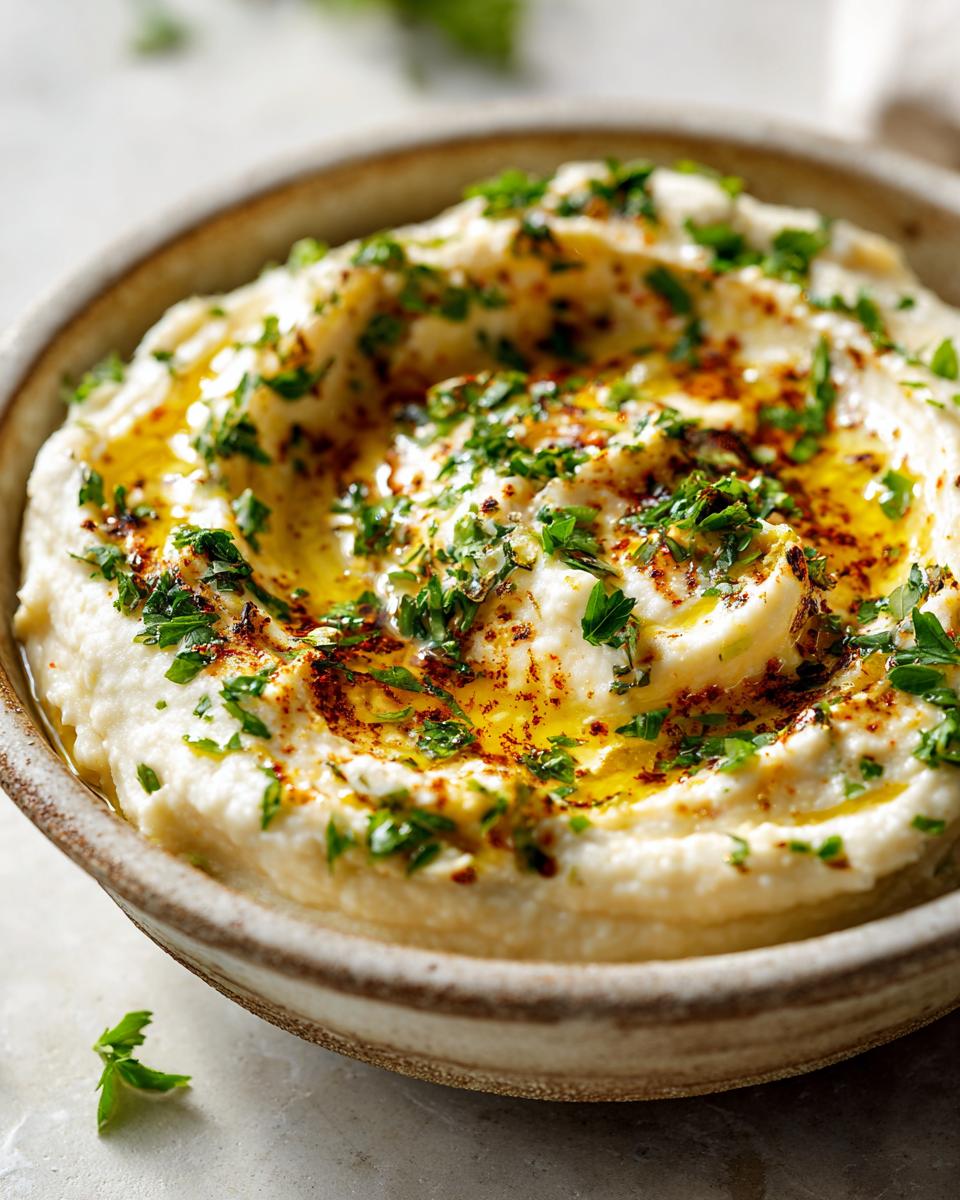 Close-up of a bowl of creamy Roasted Garlic & White Bean Dip, garnished with herbs and oil.