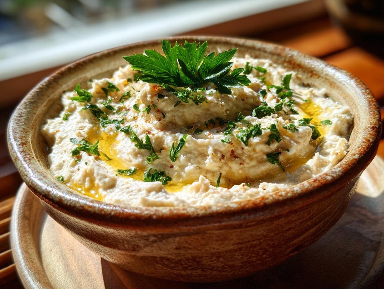 Close-up of a bowl of Roasted Garlic & White Bean Dip, garnished with parsley and olive oil.
