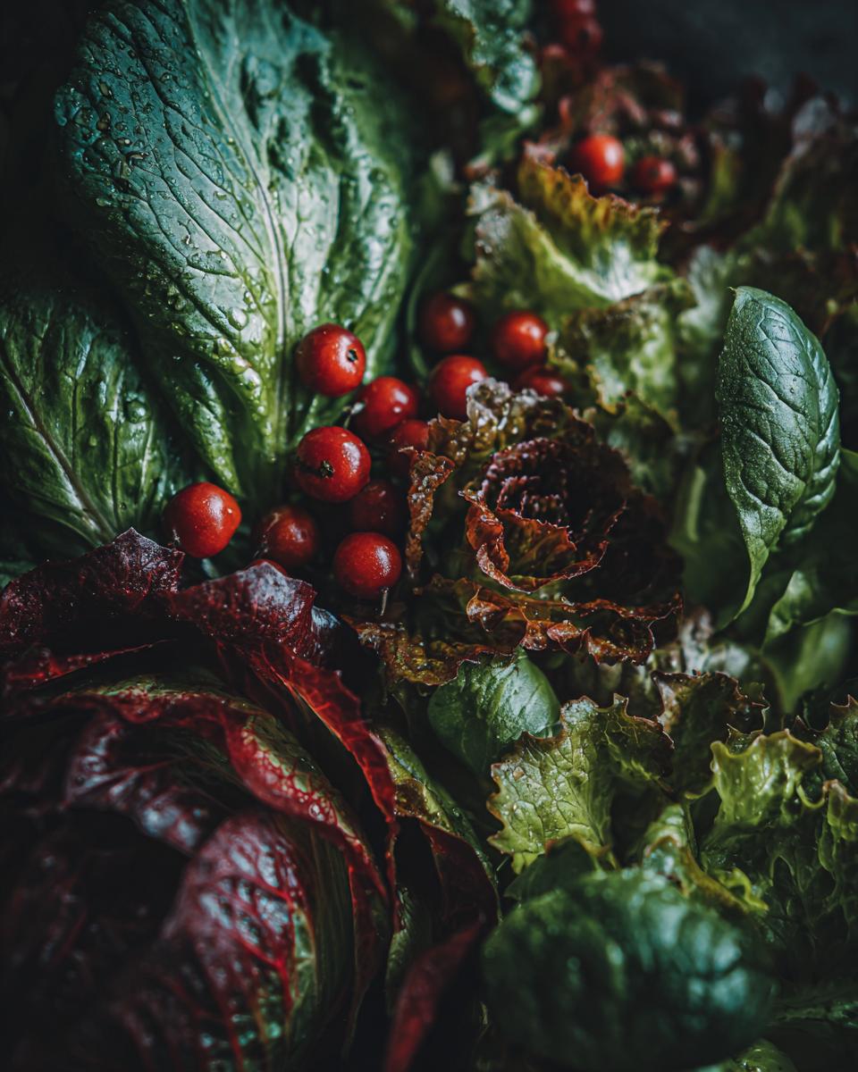 Close-up of fresh salad greens and red berries, perfect for a delicious 29 Epic Salad Recipes.