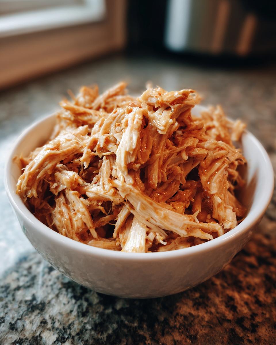 Close-up of shredded chicken in a white bowl, perfect for Crockpot Chicken Recipes Healthy.