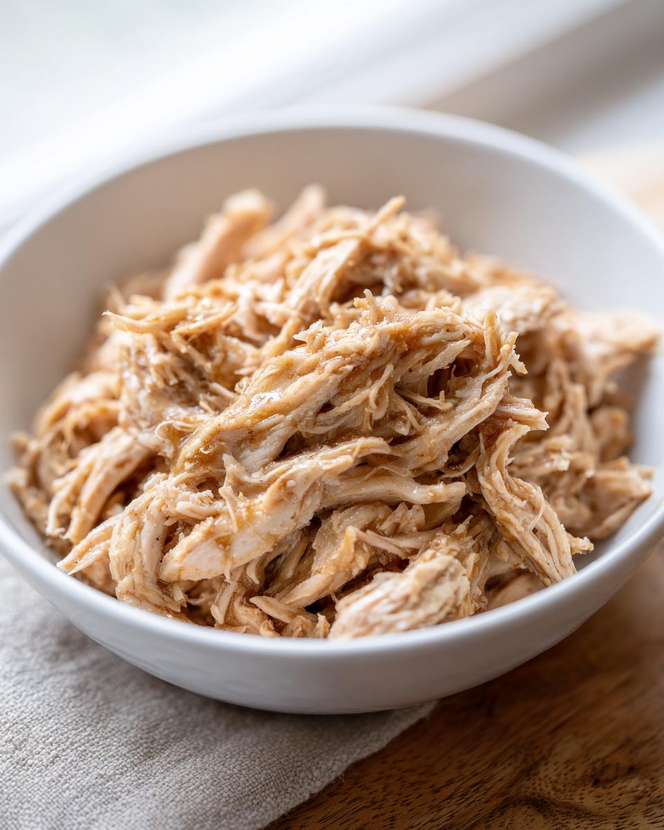 Close-up of shredded chicken in a white bowl. Perfect for Crockpot Chicken Recipes Healthy.