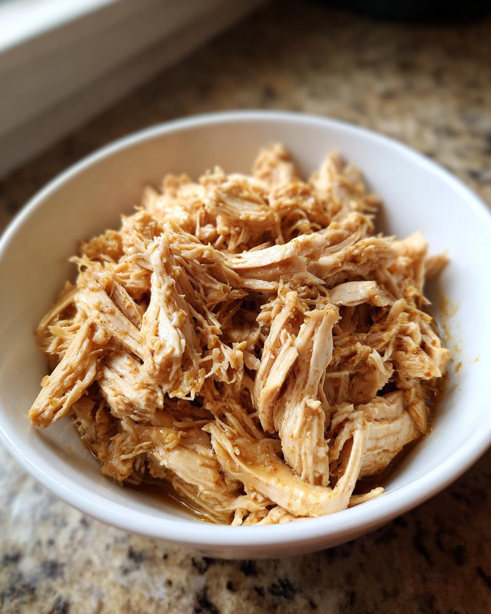 Shredded chicken in a white bowl, perfect for healthy Crockpot Chicken Recipes.