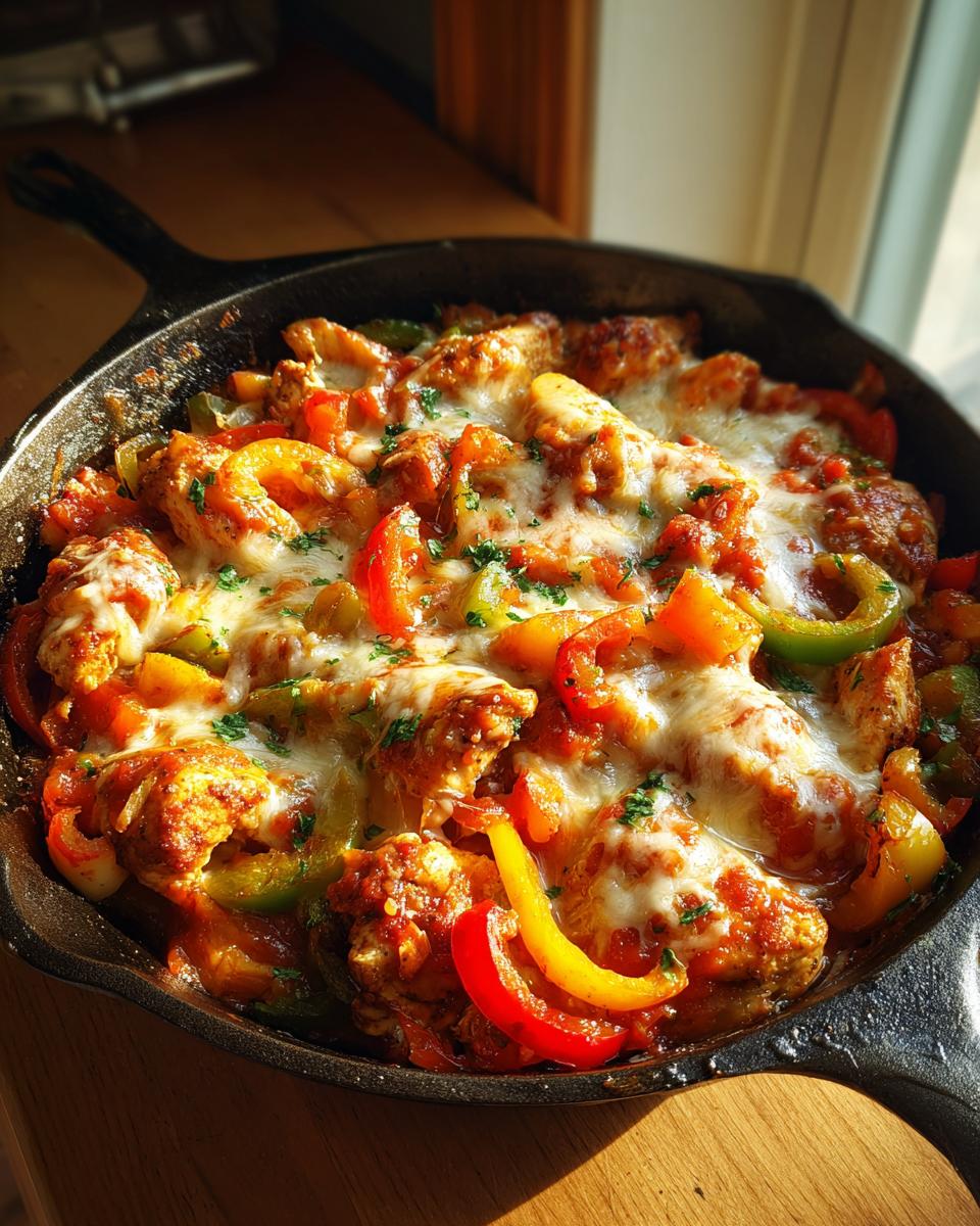 Chicken and bell peppers baked in a skillet, perfect for Summer Dinners You Can Make in 30 Minutes or Less.