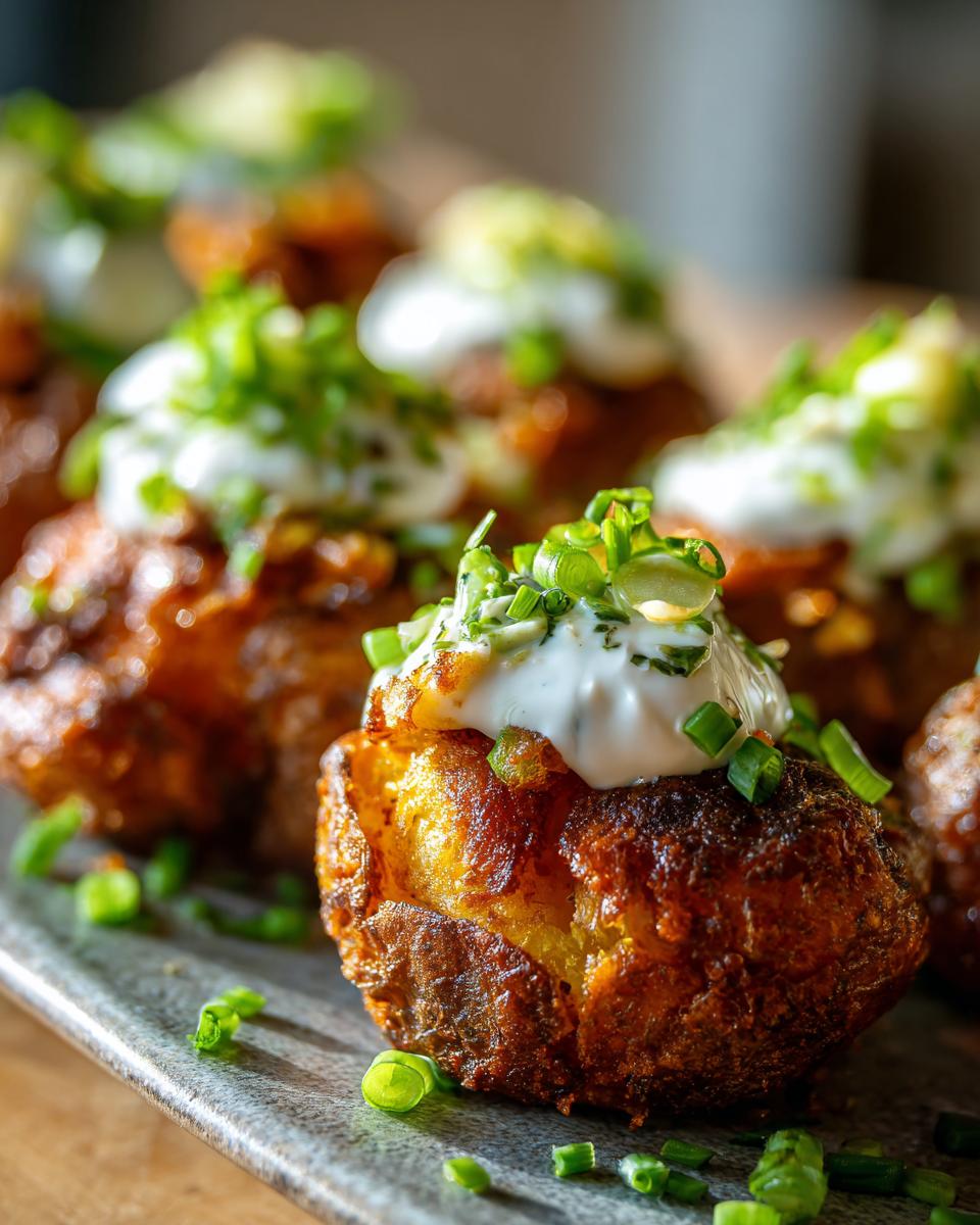 Close-up of crispy Smashed Potatoes with Sour Cream & Chives, garnished with fresh chives.