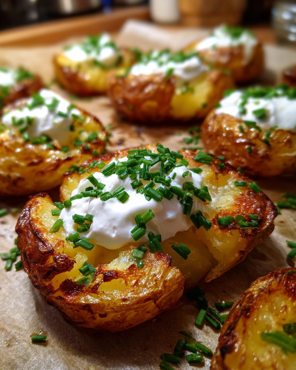 Close-up of crispy Smashed Potatoes with Sour Cream & Chives, garnished with fresh chives.