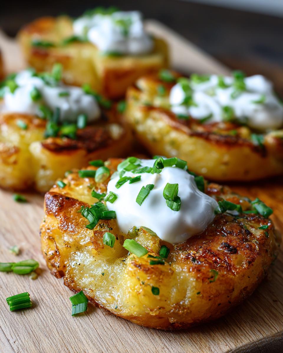 Close-up of crispy Smashed Potatoes with Sour Cream & Chives, garnished with fresh chives.