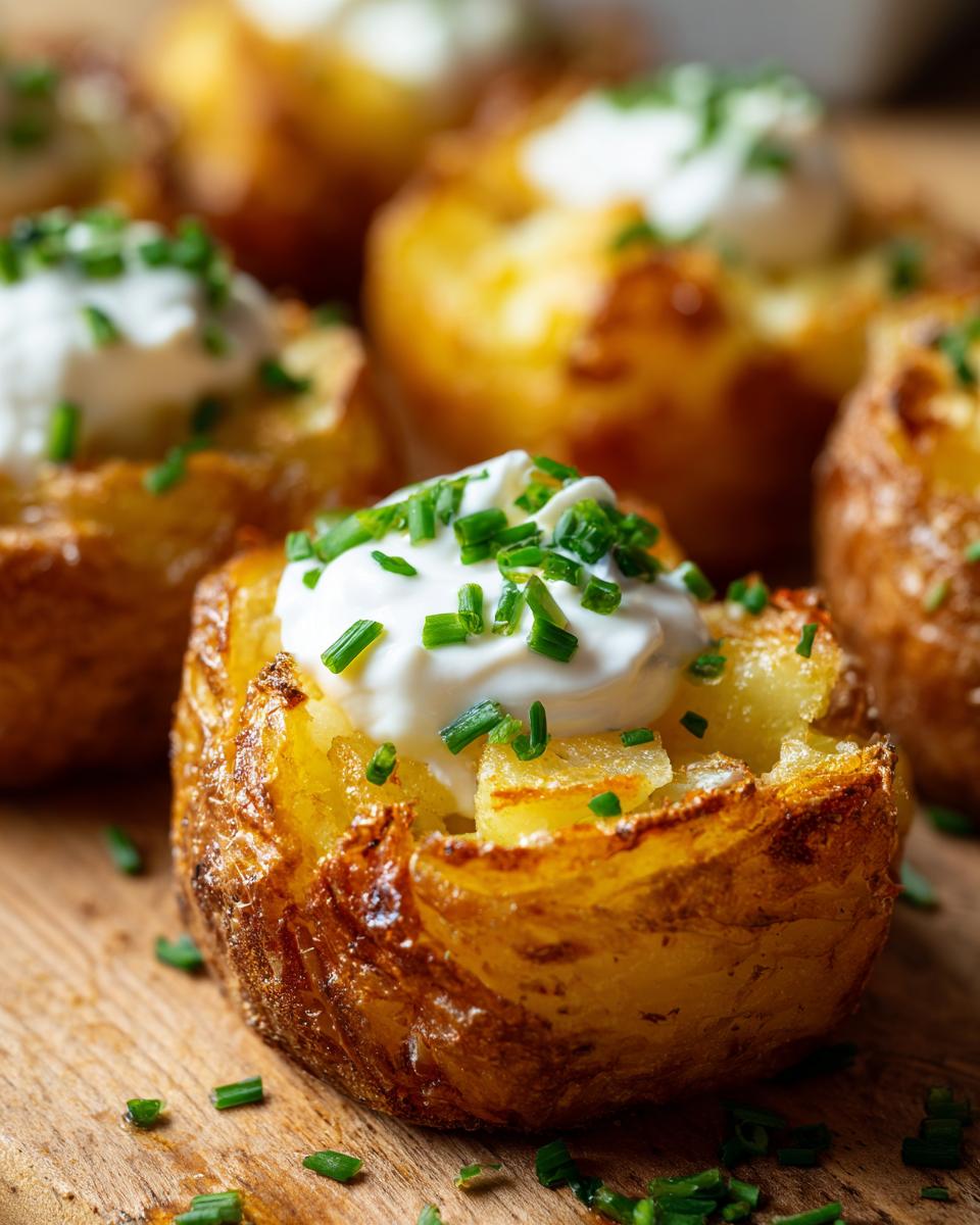 Close-up of crispy Smashed Potatoes with Sour Cream & Chives, garnished with fresh chives.