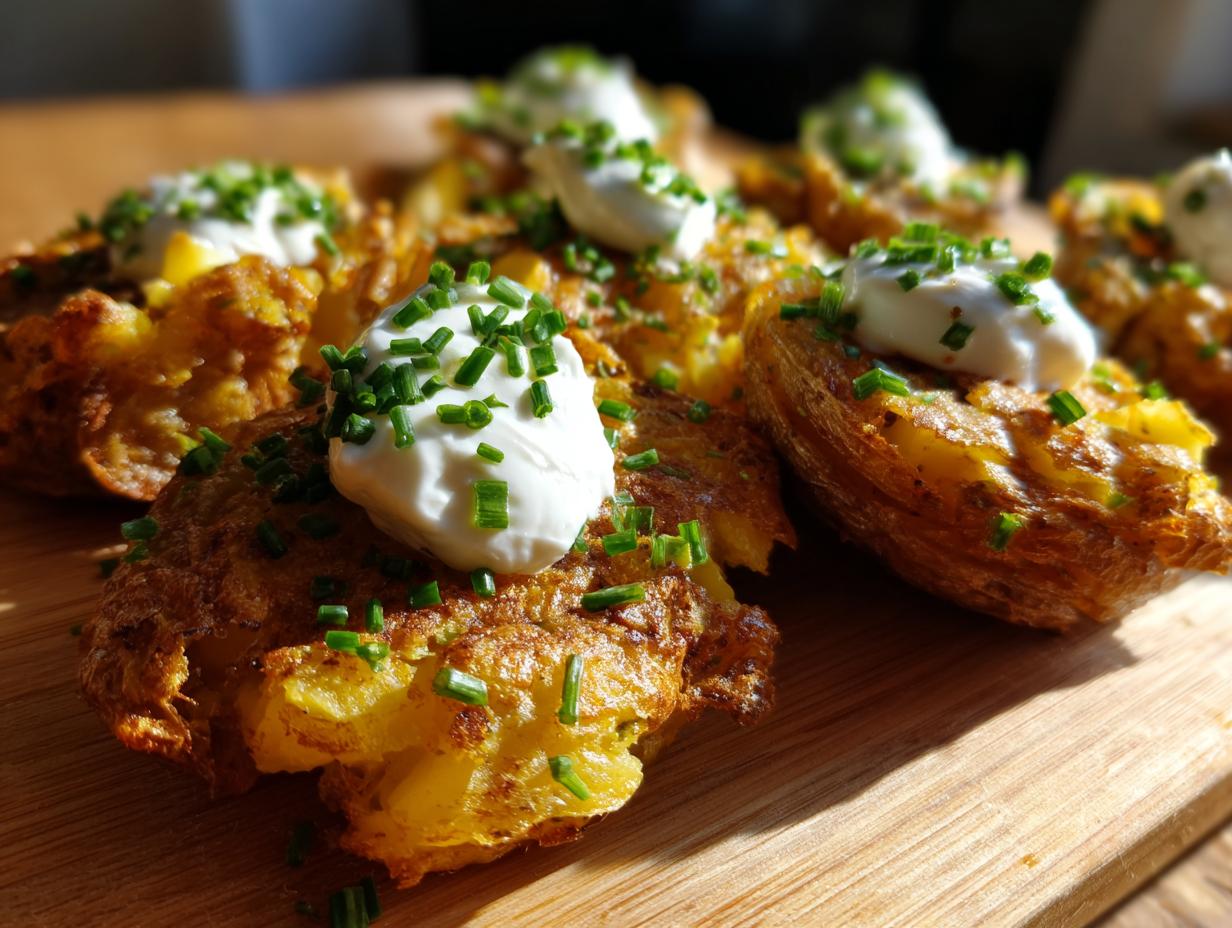 Close-up of crispy Smashed Potatoes with Sour Cream & Chives, garnished with fresh chives.
