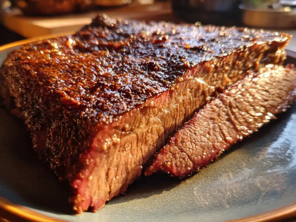 Close-up of a slice of Smoked Brisket with Dry Rub, showing the tender meat and bark.
