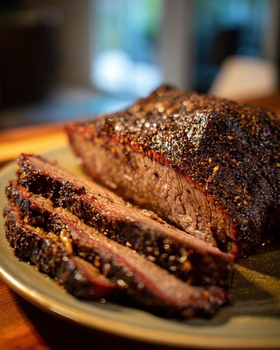 Close-up of sliced Smoked Brisket with Dry Rub on a plate, showing the juicy meat and crust.