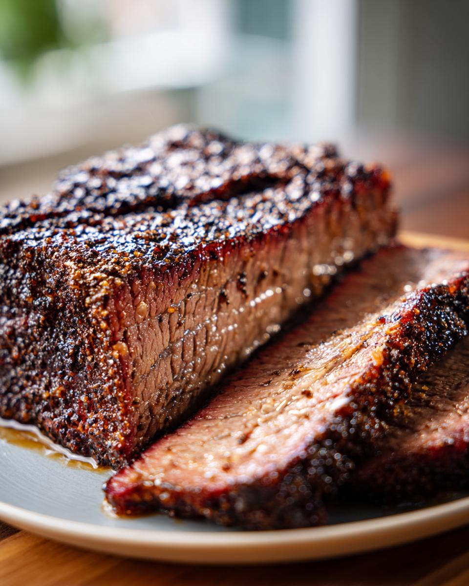 Close-up of sliced Smoked Brisket with Dry Rub on a plate, showing the juicy meat.