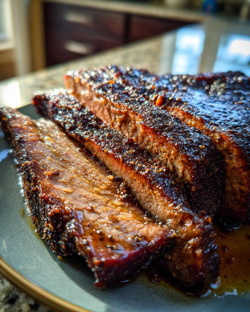 Close-up of sliced Smoked Brisket with Dry Rub, showing the juicy meat and flavorful bark.
