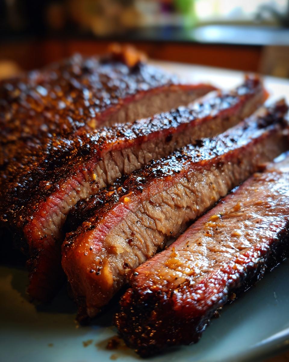 Close-up of sliced Smoked Brisket with Dry Rub, showing the juicy meat and flavorful bark.