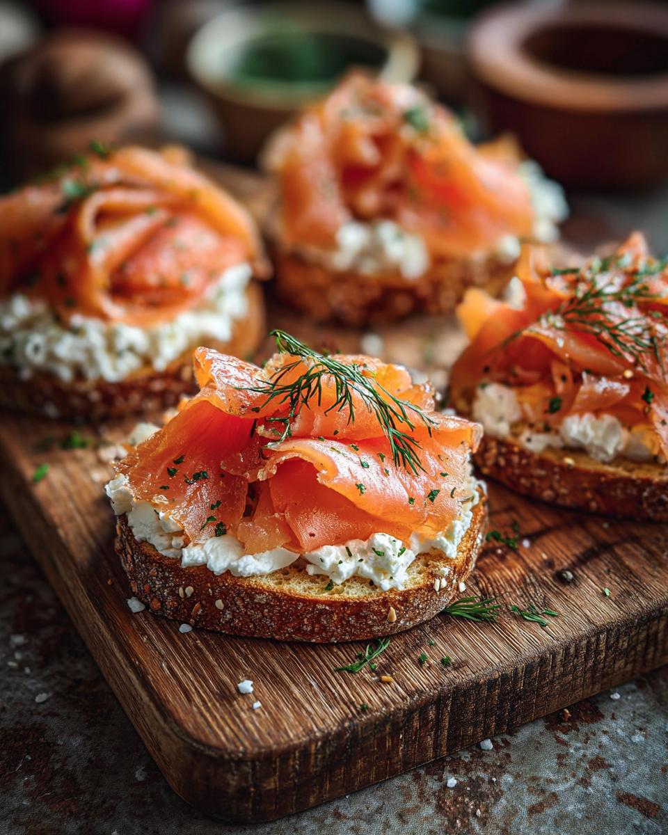 Close-up of Smoked Salmon & Cream Cheese Bagel Board bites, garnished with fresh dill.