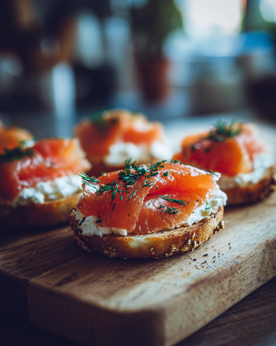 Close-up of Smoked Salmon & Cream Cheese Bagel Board with fresh dill on a wooden board.
