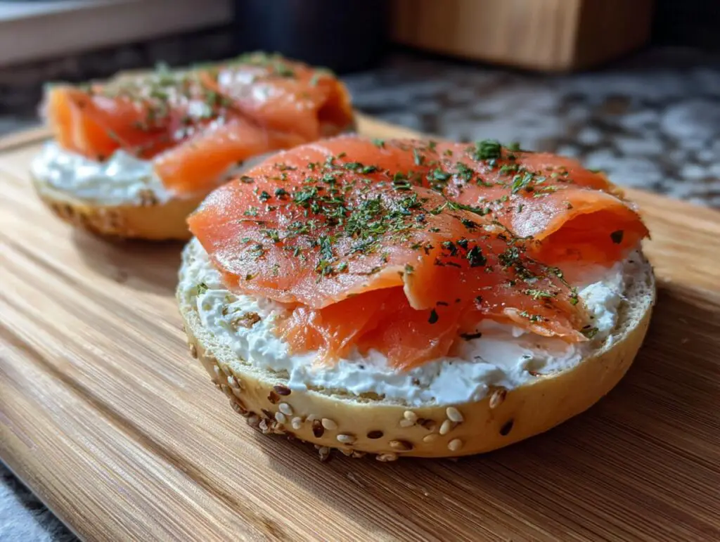 Close-up of a Smoked Salmon & Cream Cheese Bagel Board with fresh salmon and herbs.