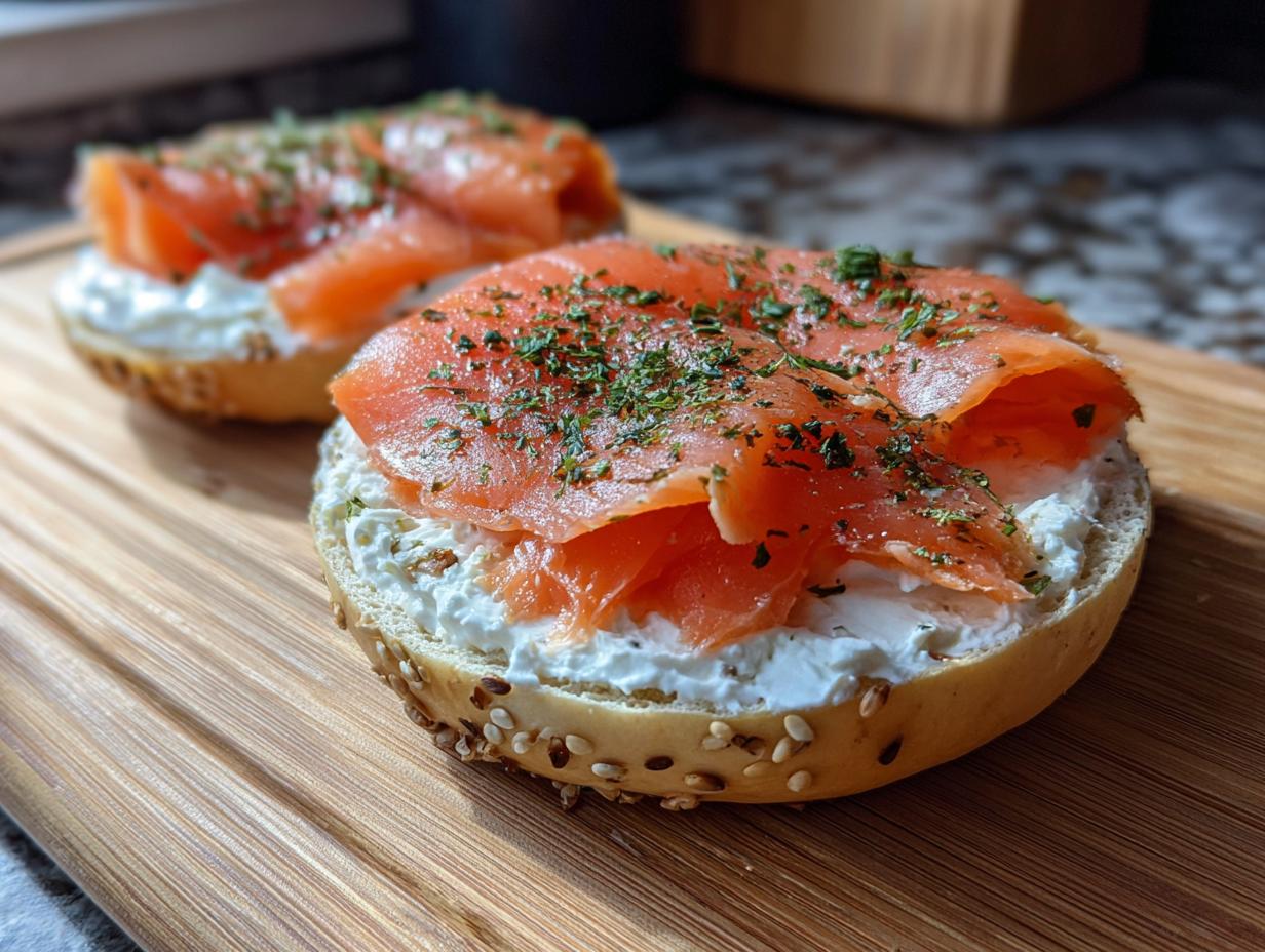 Close-up of a Smoked Salmon & Cream Cheese Bagel Board with fresh salmon and herbs.