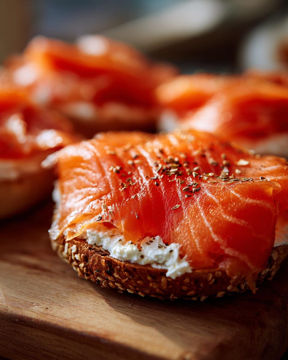 Close-up of a bagel topped with smoked salmon and cream cheese. The image highlights the delicious ingredients of a Smoked Salmon & Cream Cheese Bagel Board.
