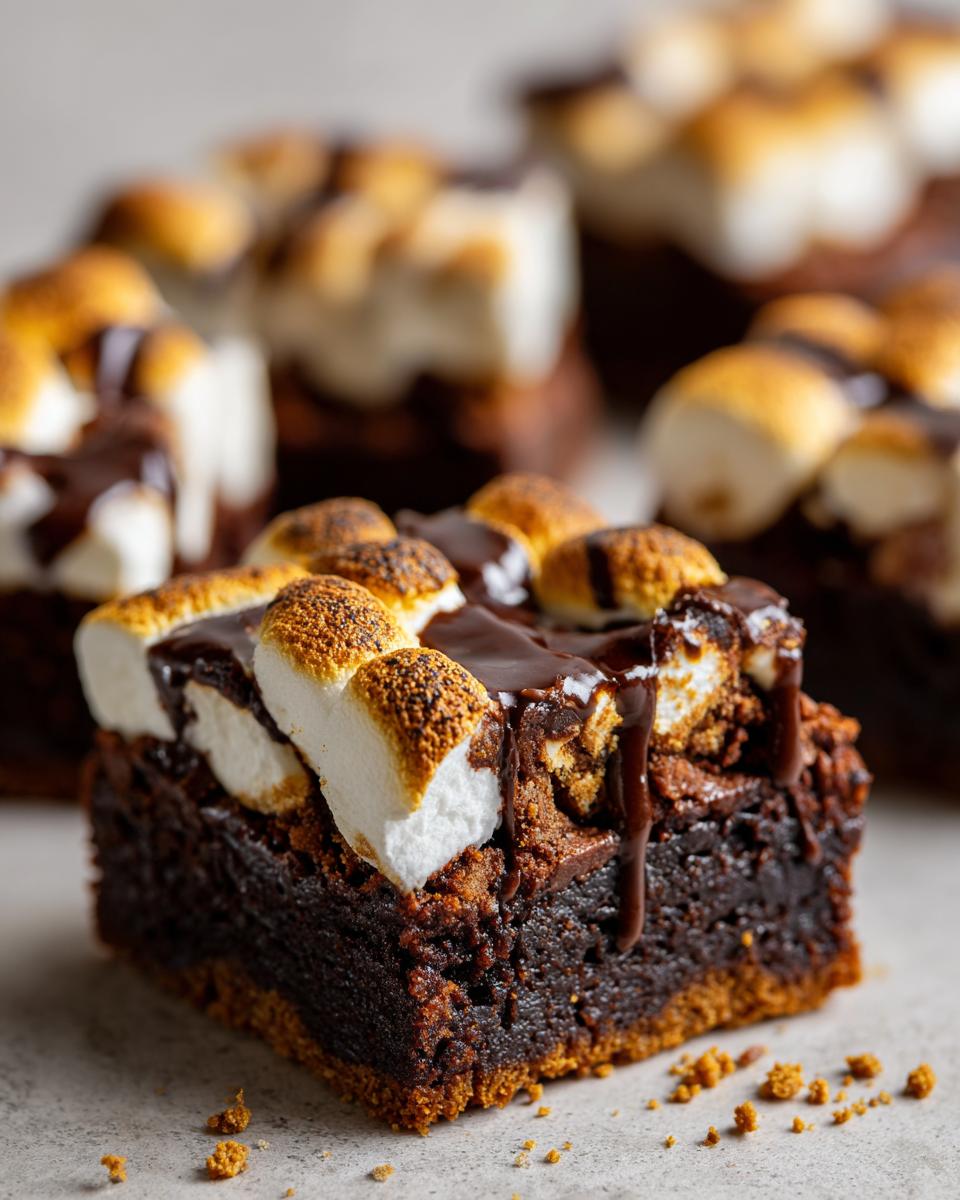 Close-up of a S'mores Brownie Bar with toasted marshmallows and chocolate.